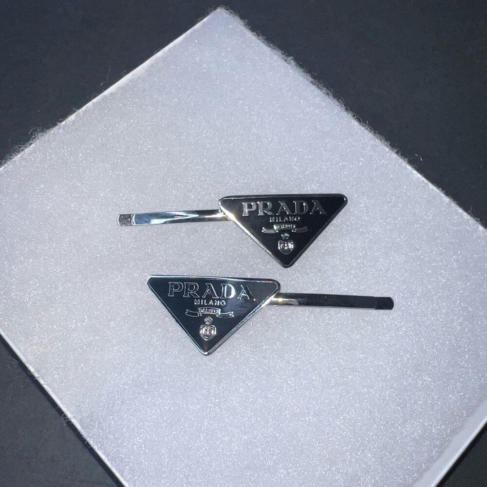 PRADA hair pins barrette black logo accessory silver set of 2 clips